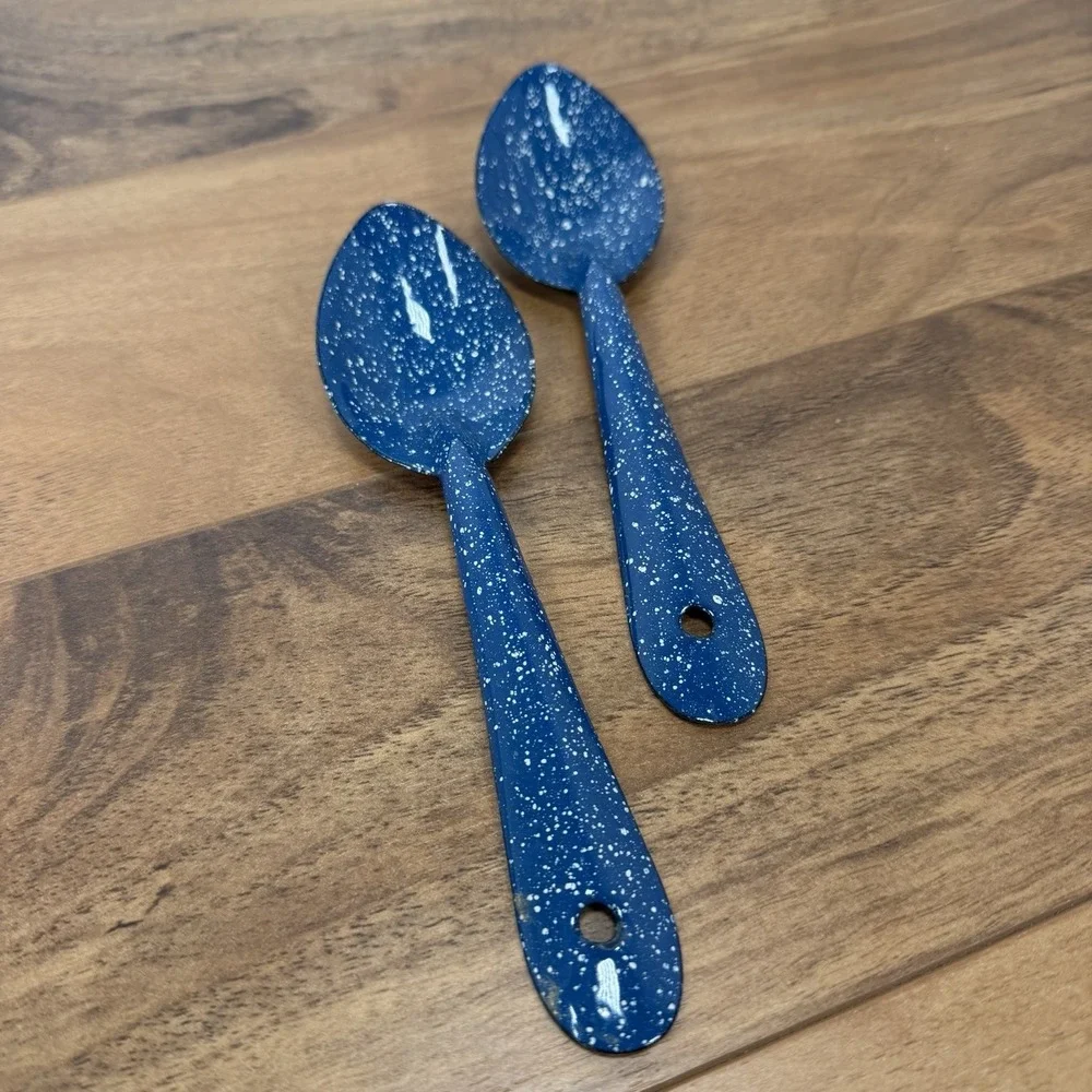2pc Blue Speckled Enamel Granite Ware Camping Cottage Kitchen Granny Spoons